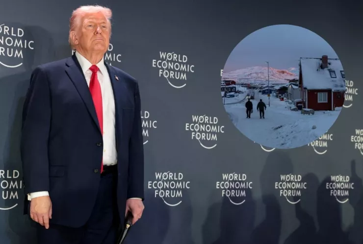 Donald Trump en el foro económico de Davos, Suiza el 21 de enero de 2026 y foto de Groenlandia.