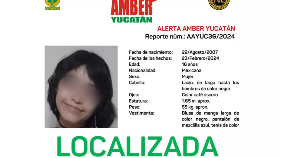 Alerta Amber_ Localizan a menor de 16 años tras reporte de desaparición en Yucatán