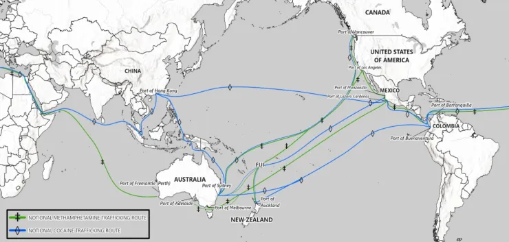 La ruta del tráfico de drogas desde México a Estados Unidos, Canadá, Asia y Oceanía