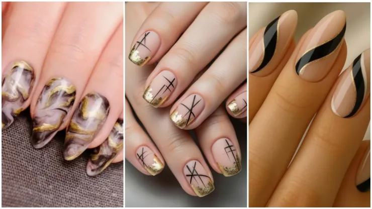 estilos de uñas beige con dorado y negro