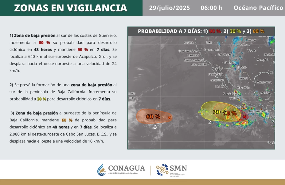 Probable formación de tres ciclones en el Pacífico.