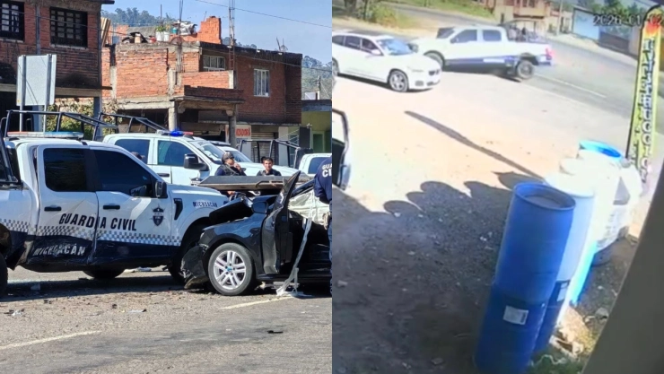 patrulla choca en carretera Pátzcuaro-Quiroga en Michoacán