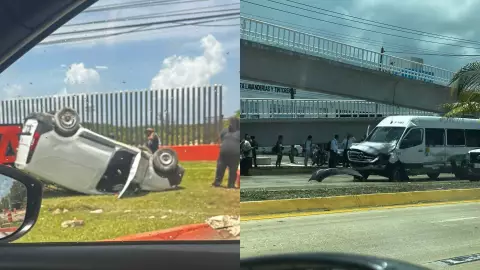 Volcadura por accidente entre van de pasajeros y automóvil en Blvd. Colosio en Cancún hoy.jpg