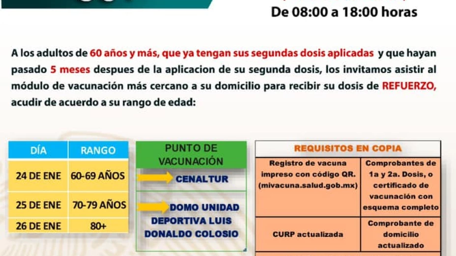 Fechas para tercera dosis en adultos mayores de 60 años en Solidaridad