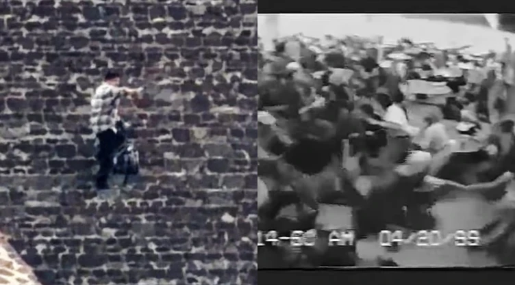 Foto del tiroteo en Teotihuacán el 20 de abril de 2026 y de la masacre en la preparatoria de Columbine del 20 de abril de 1999.