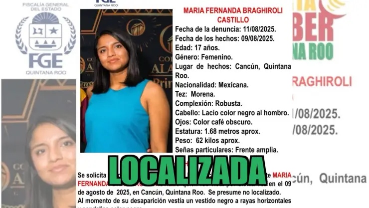 Localizan a María Fernanda Braghiroli, adolescente desaparecida en Cancún desde el pasado 9 de agosto