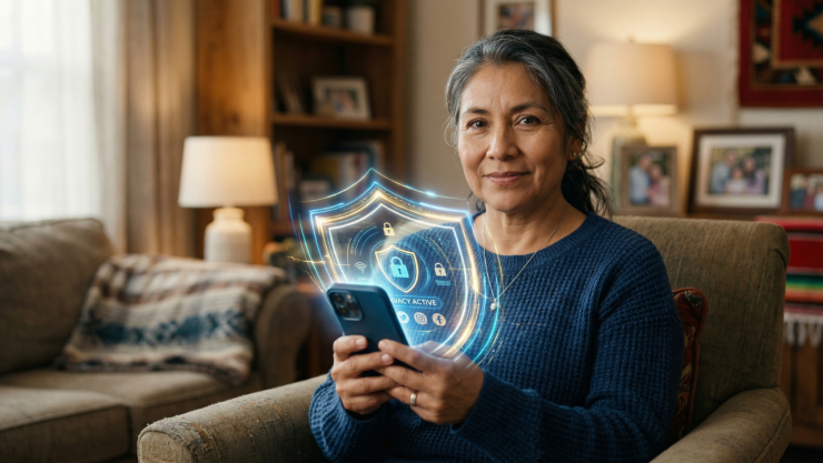 Una mujer mexicana de aproximadamente 55 años,sosteniendo un smartphone con una expresión de tranquilidad y control. Desde la pantalla del dispositivo emana un escudo digital traslúcido en tonos azules y dorados que la protege, simbolizando la seguridad de su identidad digital y la privacidad de sus redes sociales. La composición debe evocar protección y prevención, resaltando que cuidar la información personal también es cuidar su seguridad. El fondo es un hogar acogedor pero ligeramente desenfocado.