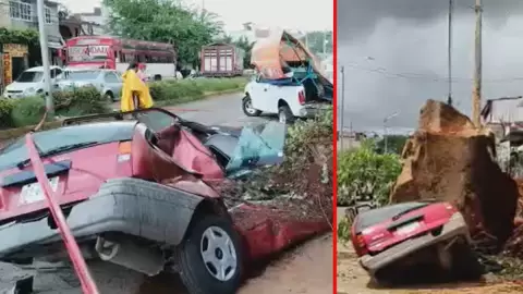 Cae roca gigante a un auto
