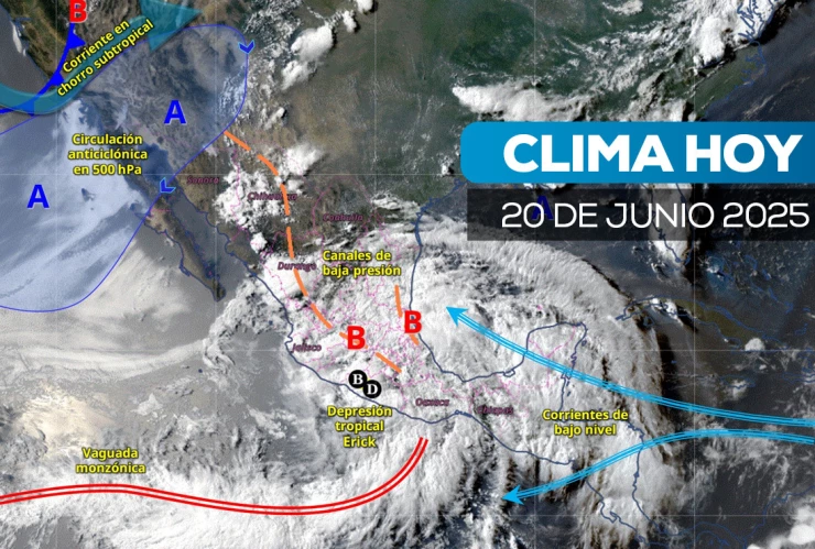 Mapa satelital de cómo estará el clima en México este 20 de junio de 2025.
