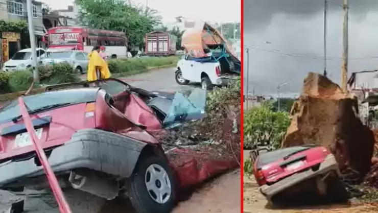 Cae roca gigante a un auto