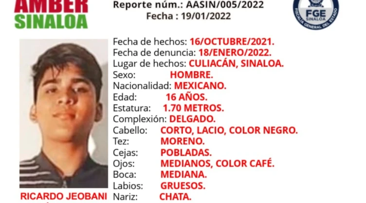 Alerta Amber Ricardo Jeobani Chávez Sinaloa