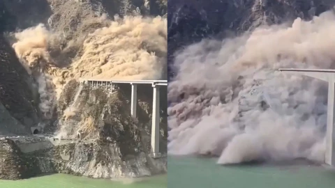 El puente Hongqi en China, derrumbado el 11 de noviembre de 2025.