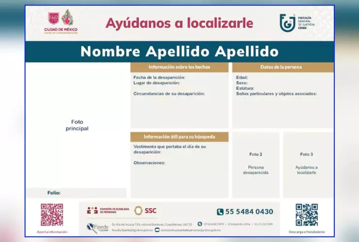 Formato de la ficha de búsqueda de una persona en CDMX.