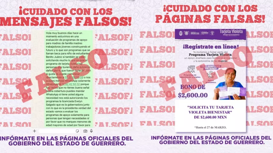 La Secretaría de Bienestar de Guerrero alerta sobre un mensaje falso que busca estafar con supuestos apoyos sociales.