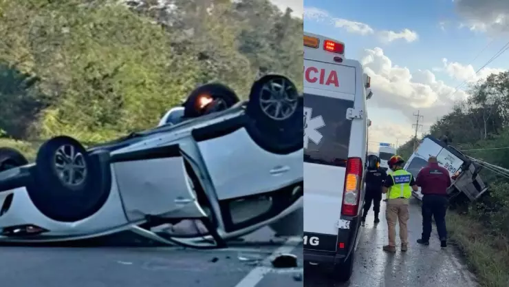 Inicio de vacaciones accidentado: Doble volcadura en la carretera federal 307; hay heridos