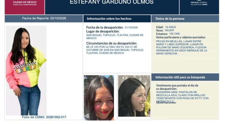 Estefany Garduño Olmos, menor de 16 años, está desaparecida en Tlalpan.