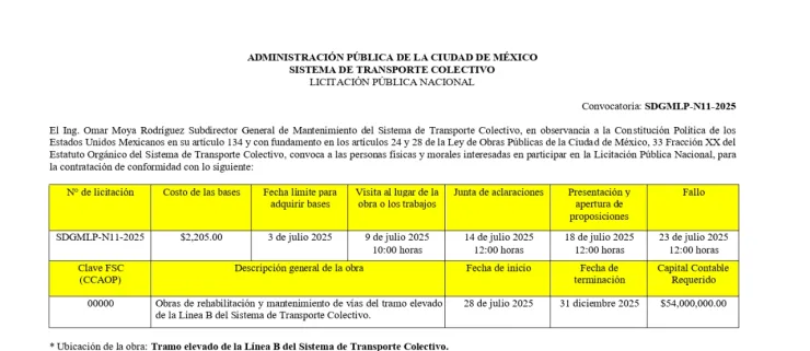 Convocatoria de licitación de obras en la Línea B del Metro de CDMX.