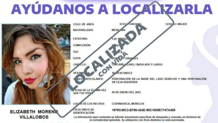 Localizan con vida a Elizabeth Moreno Villalobos.
