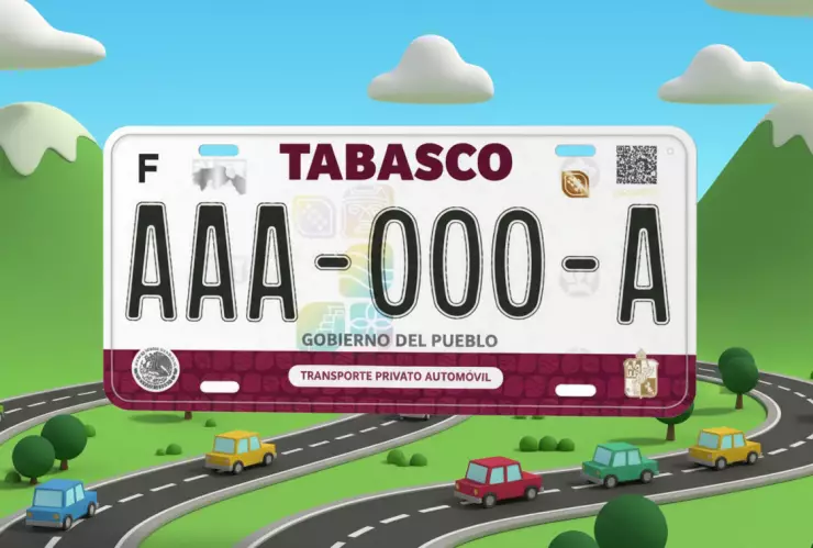 Ilustración de una placa vehicular 2026 del estado de Tabasco sobre una carretera con autos, relacionada con el canje de placas.