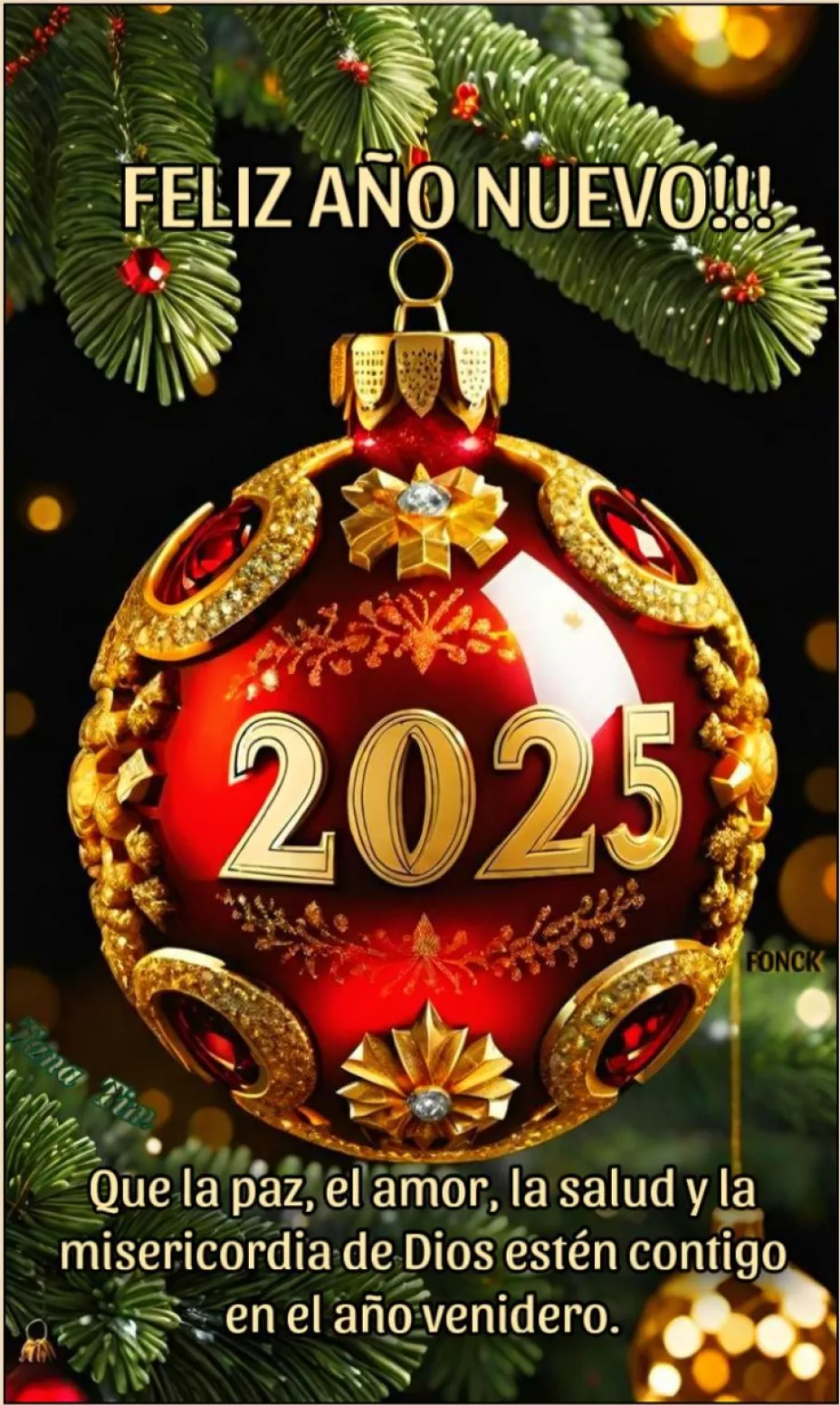 Esfera con números del 2025 y mensaje de Feliz Año Nuevo