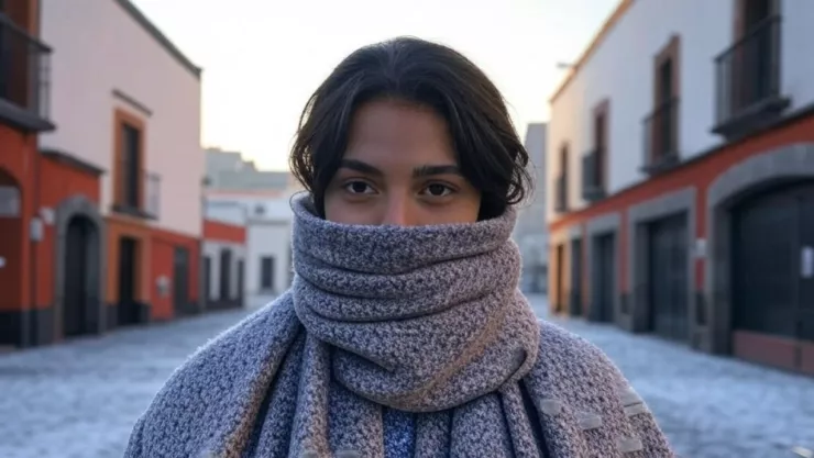 Mujer con bufanda para cubrirse del frío por las altas temperaturas registradas en México durante el invierno.