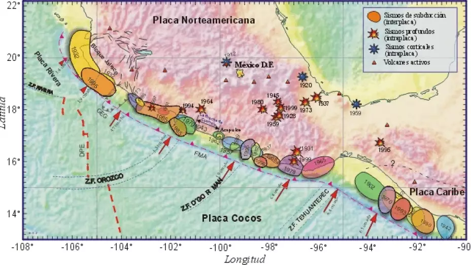 Mapa de placas tectónicas y sismos en México