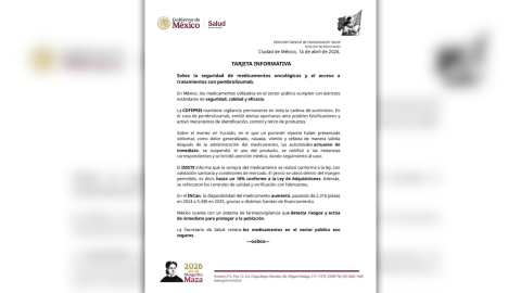 Tarjeta informativa de la Secretaría de Salud de México. Sobre la seguridad de medicamentos oncológicos y el acceso a tratamientos con pembrolizumab. En México, los medicamentos utilizados en el sector público cumplen con estrictos estándares de seguridad, calidad y eficacia. La COFEPRIS mantiene vigilancia permanente en toda la cadena de suministro. En el caso de pembrolizumab, emitió alertas oportunas ante posibles falsificaciones y activó mecanismos de identificación, control y retiro de productos. Sobre el evento en Yucatán, en el que un paciente reportó haber presentado síntomas como dolor generalizado, náusea, vómito y cefalea de manera súbita después de la administración del medicamento, las autoridades actuaron de inmediato: se suspendió el uso del producto, se notificó a las instancias correspondientes y se brindó atención médica, dando seguimiento al caso. El ISSSTE informa que la compra del medicamento se realizó conforme a la ley, con validación sanitaria y condiciones de mercado. El precio se ubicó dentro del margen permitido, es decir, hasta un 10% conforme a la Ley de Adquisiciones. Además, se reforzaron los controles de calidad y verificación con fabricantes. En el INCan, la disponibilidad del medicamento aumentó, pasando de 2,316 piezas en 2024 a 3,436 en 2025, gracias a distintas fuentes de financiamiento. México cuenta con un sistema de farmacovigilancia que detecta riesgos y actúa de inmediato para proteger a la población. La Secretaría de Salud reitera: los medicamentos en el sector público son seguros.