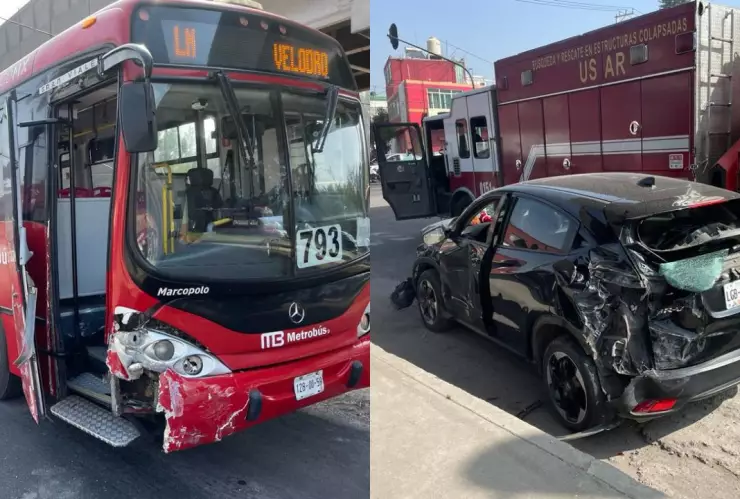 Unidad del Metrobús choca contra un auto en Viaducto, en la nueva ruta por el cierre de la Línea 9 del Metro