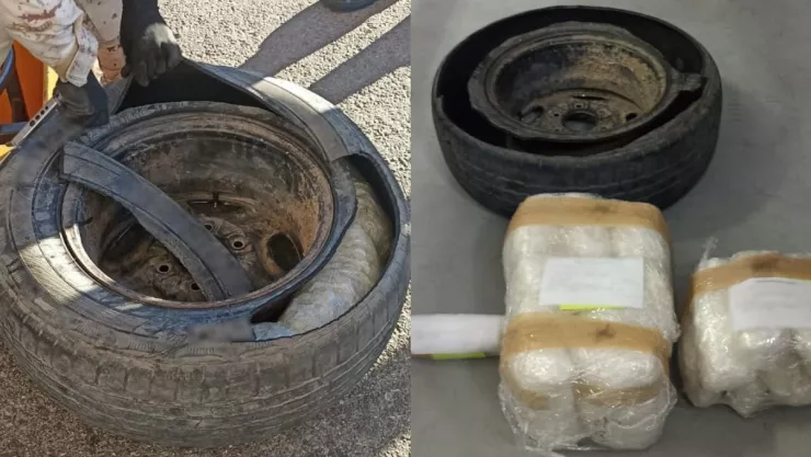 Detienen a mujer con metanfetamina escondida en la llanta de refacción