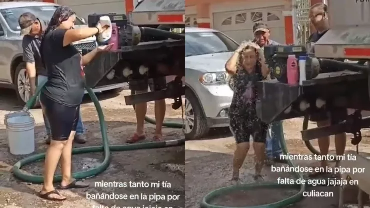 Mujer se baña en la calle en Culiacán.