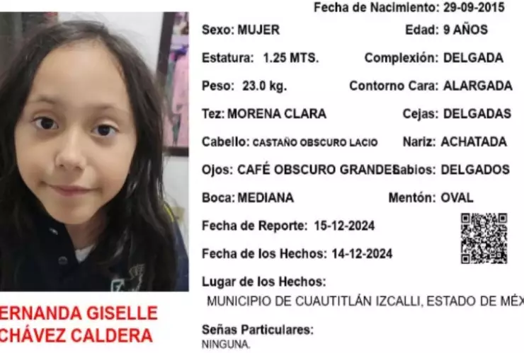 ALERTA AMBER: Fernanda Giselle Chávez Caldera desapareció en el Estado de México