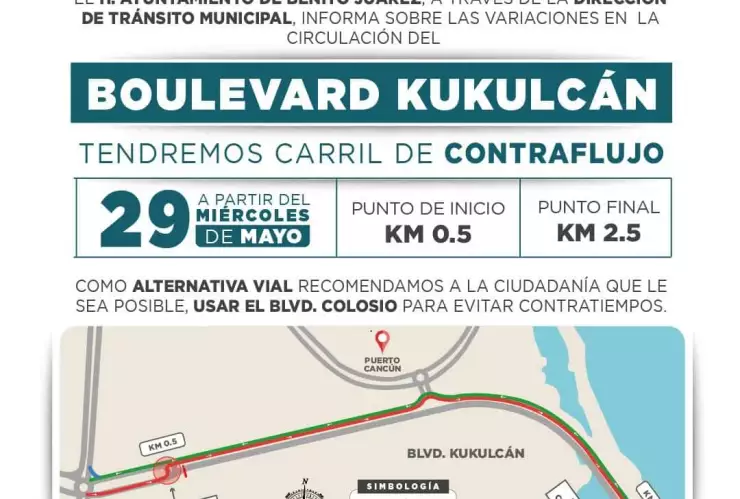 Anuncian carril de contraflujo en el Boulevard Kukulcán en Zona Hotelera de Cancún hoy 29 de marzo