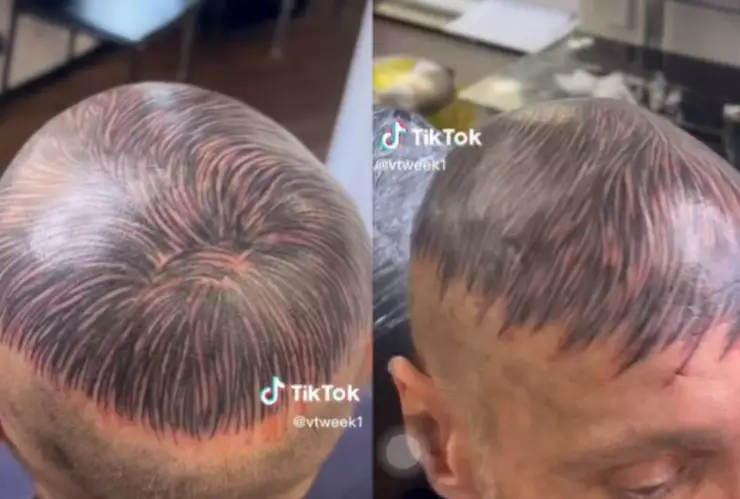 VIDEO ¡Con fleco y todo! Hombre calvo se tatuó cabello