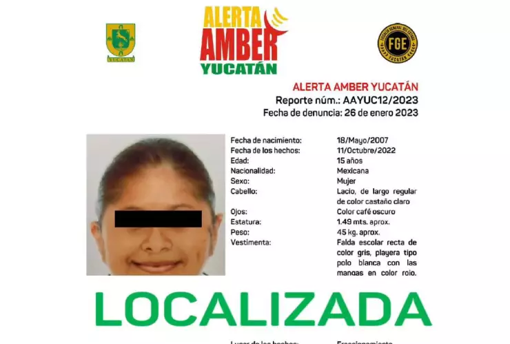 Alerta Amber_ Localizan a joven de 15 años reportada desaparecida en Yucatán