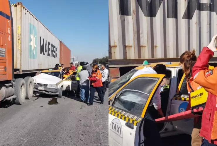 Chofer de taxi queda prensado después de impactarse contra tráiler de doble carga en Nuevo León