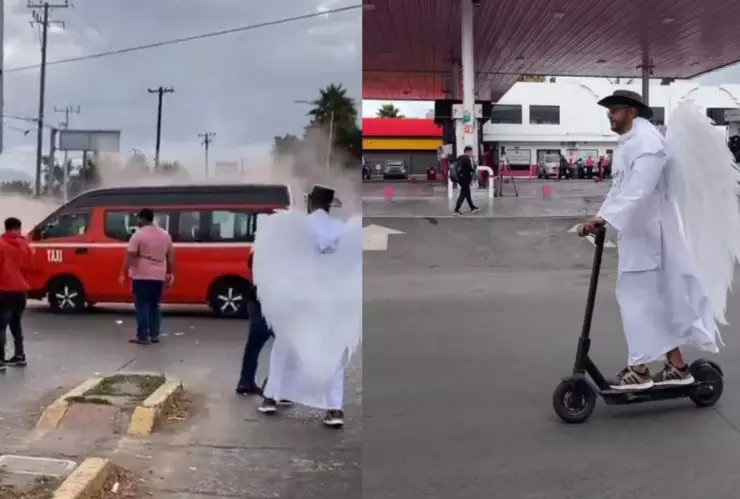 VIDEO Aparece un ángel en medio de manifestación de taxistas rojo con negro en Tijuana