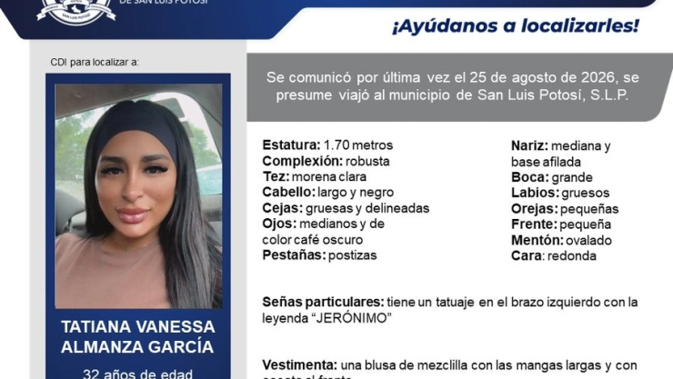 Desaparece colombiana Tatiana Vanessa Almanza García en San Luis Potosí.
