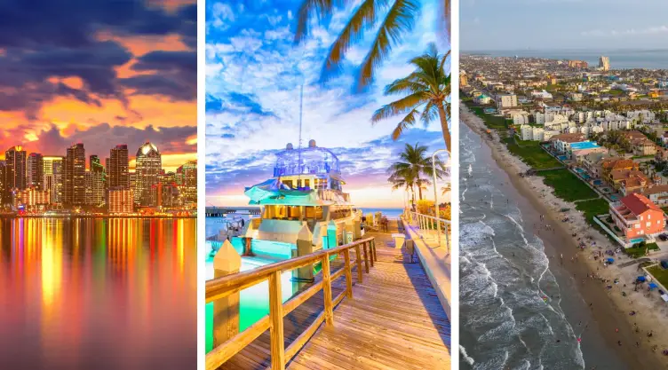una pantalla dividida en tres de tres icónicas ciudades de Florida, Texas y California.