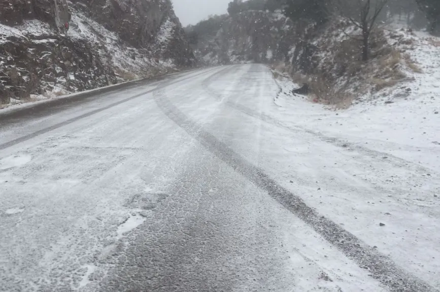 La nieve cubre las carreteras de Chihuahua con su característico color blanco.