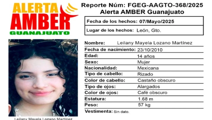 Activan Alerta Amber en Guanajuato por desaparición de Leilany Mayela Lozano Martínez