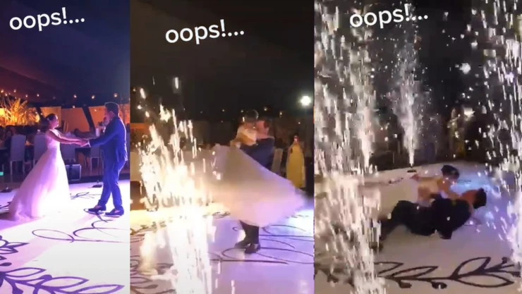 Novios caen en pleno baile de boda.