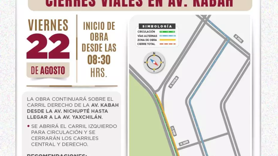 Cierre vial Av. Kabah en Cancún hoy, viernes 22 de agosto de 2025