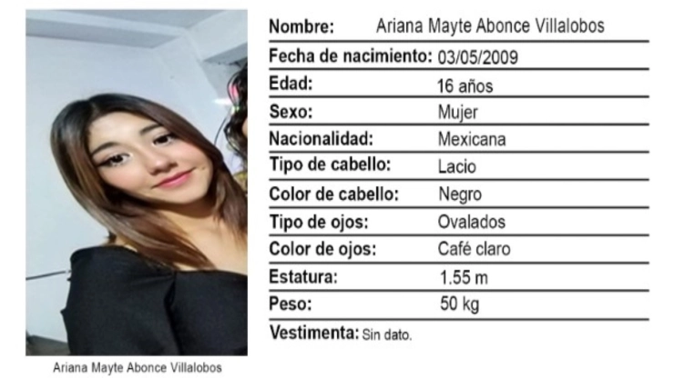 Activan Alerta Amber urgente en Guanajuato: Desaparecen dos menores; piden ayuda para localizarlos. En la imagen se observa la ficha de búsqueda de Ariana Abonce Villalobos, menor de 16 años desaparecida en Irapuato.