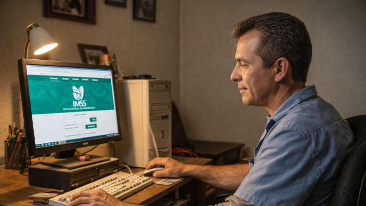 Un hombre ingresa al sitio web oficial de la IMSS en su computadora.