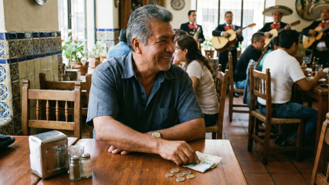 Hombre deja propina en restaurante mexicano