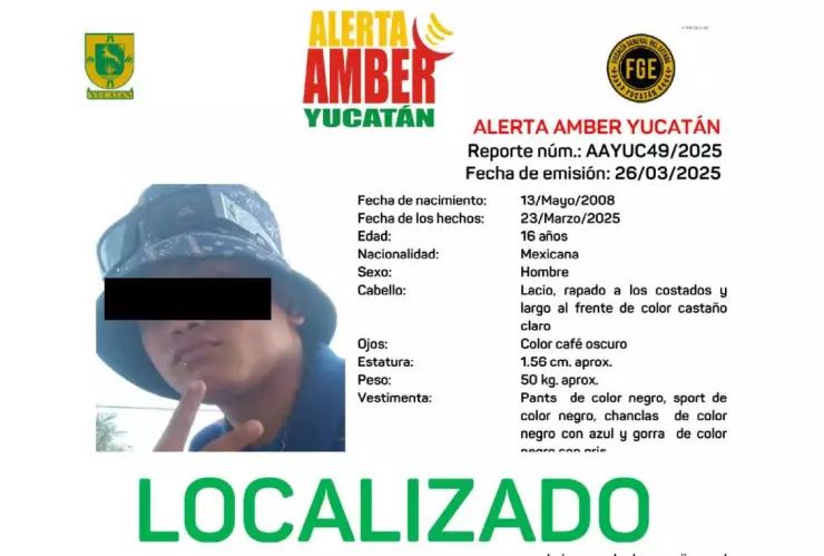 Fiscalía de Yucatán CONFIRMA localización de joven de 16 años reportado como extraviado