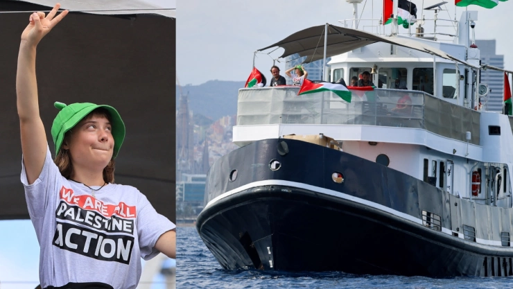 La activista greta thunberg a bordo de un barco de la flotilla de ayuda a gaza. la imagen muestra su participación en la misión que busca romper el bloqueo israelí y entregar ayuda humanitaria.