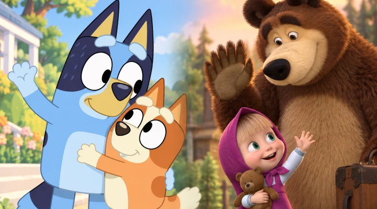 4 capítulos de Bluey y Masha y el Oso para enseñar a tus hijos a decir adiós y despedirse de personas y objetos.