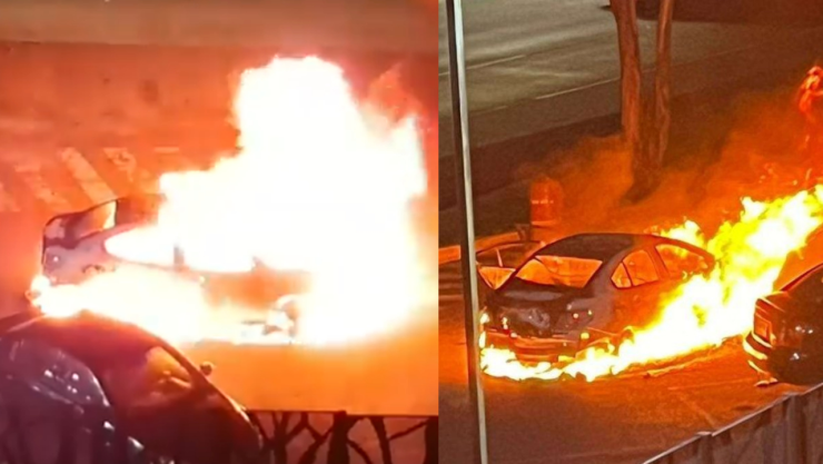 Incendian automóvil con restos humanos frente al Complejo de Seguridad C5 en Puebla