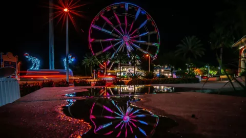 Toma de una rueda de la fortuna en una feria durante la noche.